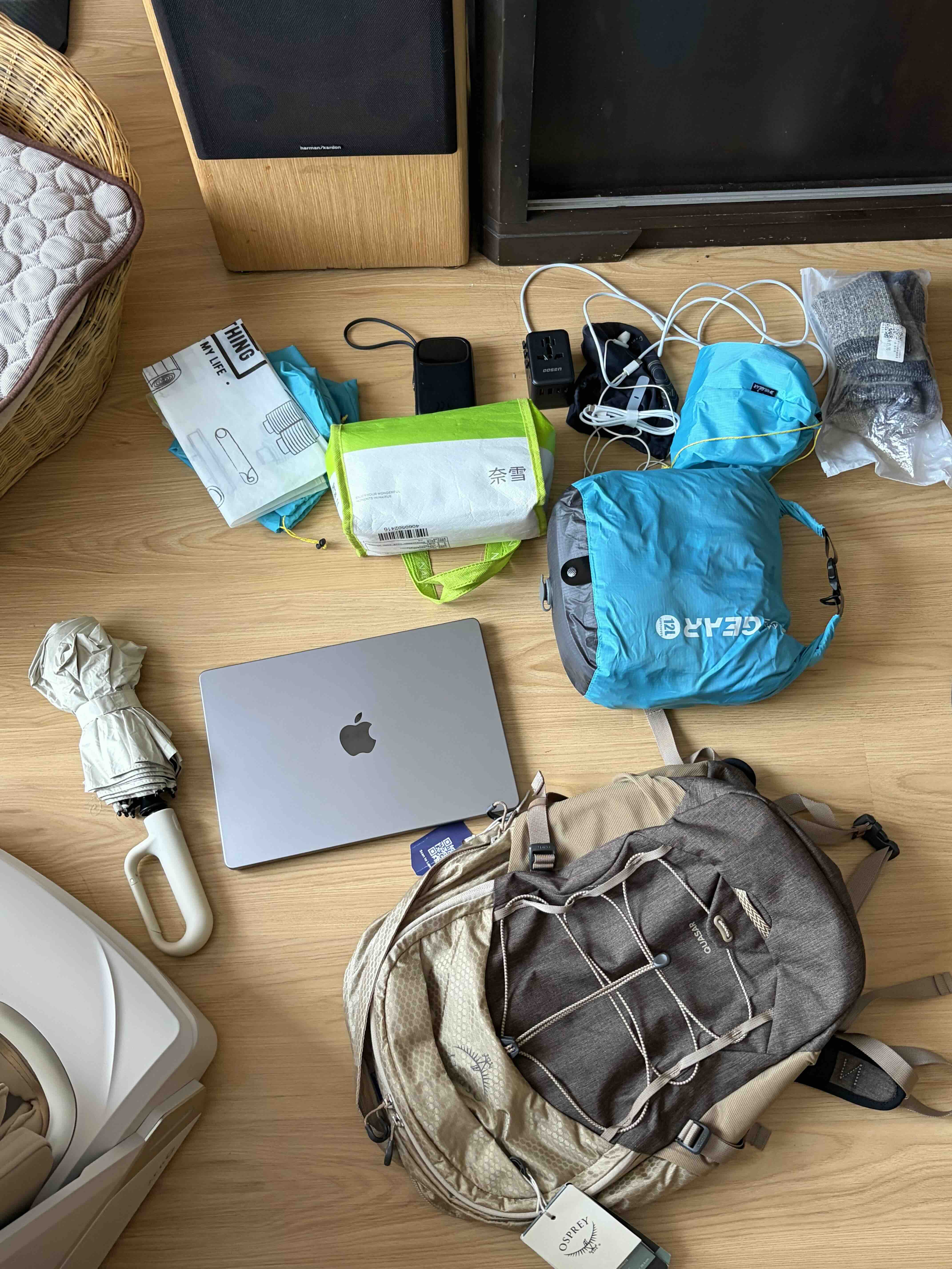 A packed camera bag ready for travel